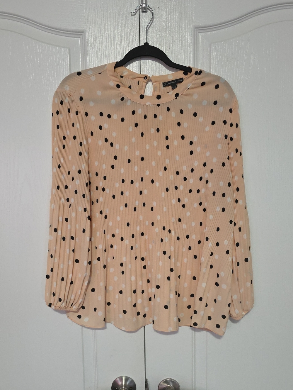 Adrianna Papell Peach Polka Dot Pleated Long-Sleeve Top